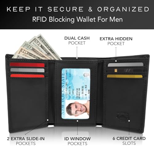 Stealth Mode Trifold RFID Blocking Leather Wallet for Men (Black) | Top Grain Napa Leather, 9 Card Slots, ID Window, Gift Box – Gift for Dad, Husband, or Son - color: Black