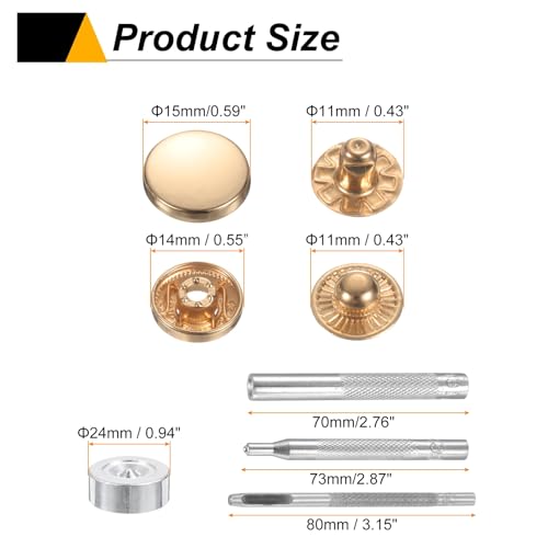 HARFINGTON 24Set Leather Snaps Fasteners Kit 15mm Dia Brass Press-Stud Cap Button 2.76" Length Metal Snap Buttons with 4 Install Tools for Coat Bag Leather Marine Boat Canvas, Gold - color: Gold, size: 15mm