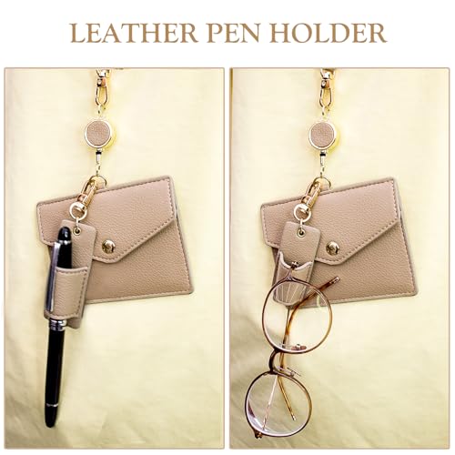 Office Badge Holder - Boshiho Genuine Leather Credit ID Card Holder with Stretch Neck Lanyard and Pen Clip, Gift Box (Horizontal-Light Brown) - color: Horizontal-light Brown