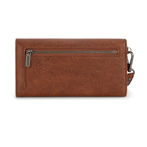 Montana West X Wrangler Womens Wallet Large Capacity Long Compact | Brown Wallet Women Rfid Large Wristlet Trifold Women's Wallets Card Cases & Money Organizers with Detachable Wrist Strap - color: Trifold-Brown