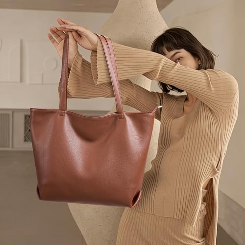 WLLWOO Soft Vegan Leather Tote Bag for Women Large Hobo Zipper Purse | Casual Shoulder Handbags Carryall for Work Daily Weekender Travel Commute - color: Brown