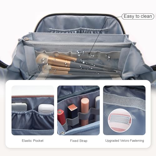 BOYATU Travel Makeup Bag for Women: 3 Pcs Set Striped Make up Bag,Pink | Vegan Leather Cosmetic Bags with Compartments - Waterproof Large Capacity Toiletry Bags - 180° Open-Flat Makeup Organizer - color: A-3-Pink