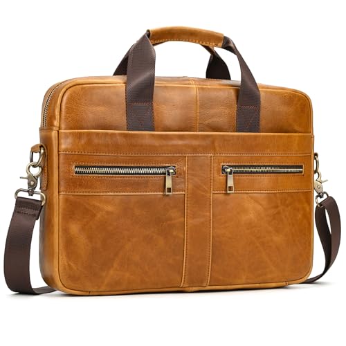 Genuine Leather Briefcase for Men, Laptop Computer Shoulder Bag With Strap, 15.6 Inch Business Travel Work Handbag - color: 3316 Yellow Brown