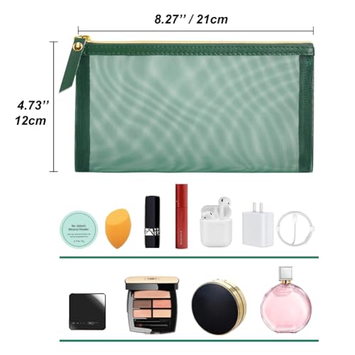 Mesh Cosmetic Bag, 4pcs Nylon Makeup Pouches with Leather Pull and Golden Zipper for Purse Diaper Bag (Emerald Green) - size: Flat