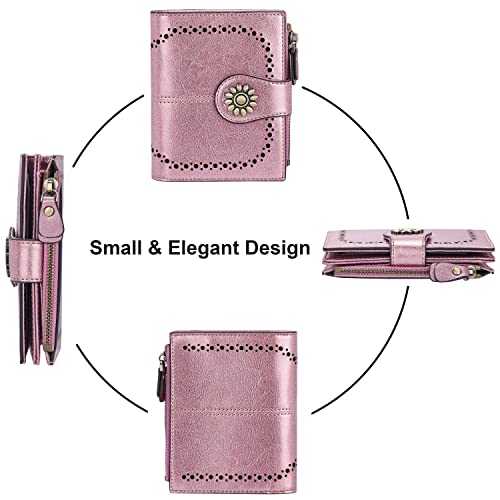 Womens Leather Wallet Small Compact RFID Blocking Credit Card Case Purse with Zipper Pocket | Small - color: Rose Gold