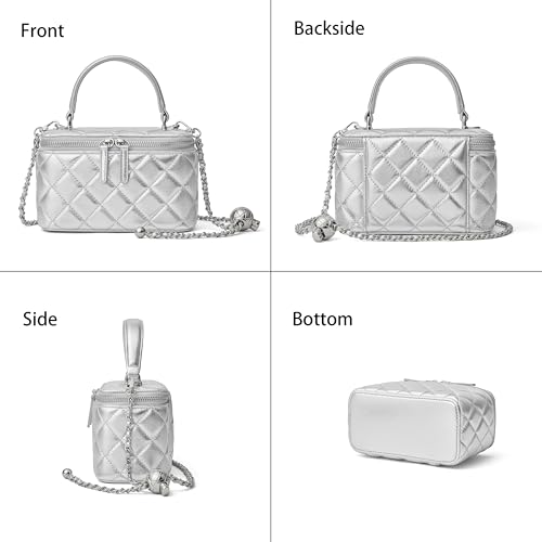 DORIS&JACKY Small Quilted Box Crossbody Purse For Women, Designer Lambskin Leather Mini Top Handle Tote Bag With Chain Strap - color: 7-silver