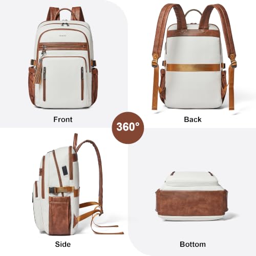 17 Inch Laptop Backpack Purse for Women with Giant Tumbler Holders | Vegan Leather,Travel Work Business College Teacher Nurse,USB Port,RFID Wristlet Purse,28L Large Capaity,Beige with Brown - color: Beige With Brown