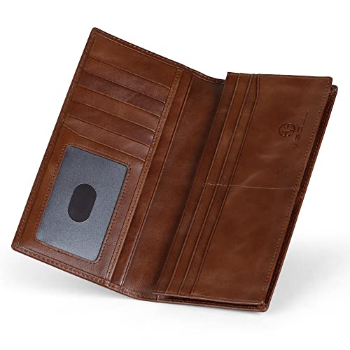VISOUL Leather Checkbook Cover Wallet for Men with RFID Blocking, Mens Long Bifold Cash Tall Wallet with 11 Credit Card Slots 1 ID Window (Brown) - color: Brown