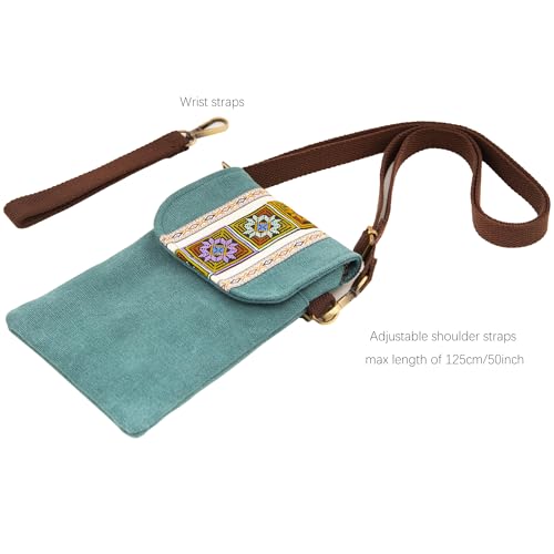 SILKAREA Vintage Embroidered Canvas Flip Small Crossbody Bag Cell Phone Pouch for Women Wristlet Wallet Bag Coin Purse - color: Pine Green