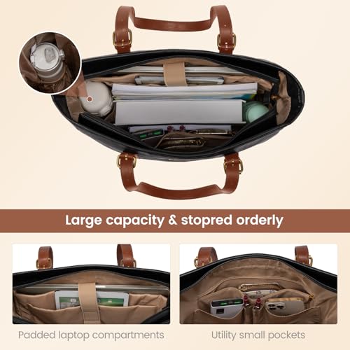 LOVEVOOK Laptop Tote Bag for Women,Leather Work Computer Briefcase Bag | Large Cup Holder,15.6 Inch Work Tote,Professional Briefcase,Teacher Commuter Shoulder Bag,Office,Travel,Gift - color: Black With Brown, size: 15.6 Inch