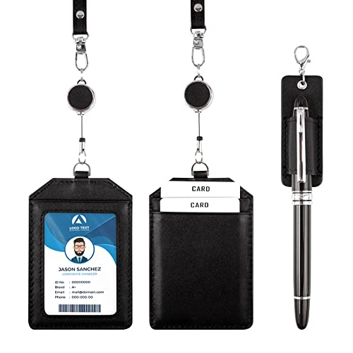 Office Badge Holder - Boshiho Genuine Leather Credit ID Card Holder with Stretch Neck Lanyard Vertical Style (Black) - color: Black