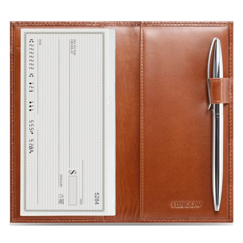 HISCOW Leather Checkbook Cover for Duplicate Checks with Pen Holder - color: Brown Vegetable-Tanned Leather
