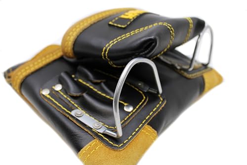 Leather Tool Pouch for Carpenter | Best for Electricians, Plumbers, Handyman and Framers | 10 Pockets with 2 Stainless Steel Hammer Holders - color: Yellow & Black