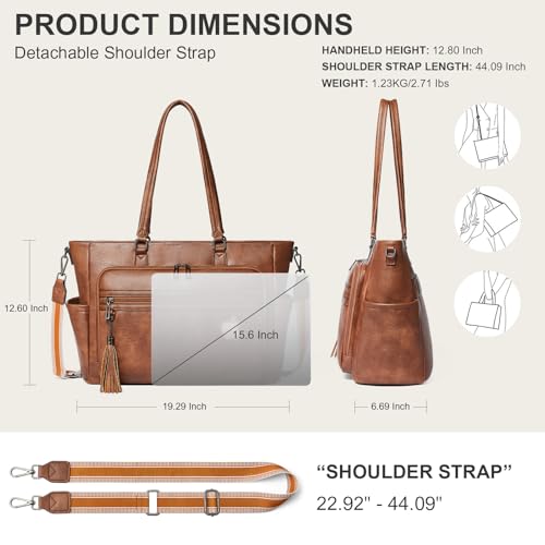 15.6 Inch Laptop Tote Bag for Women Large Leather Shoulder Bag Handbags Purses with Detachable Shoulder Strap - color: Brown
