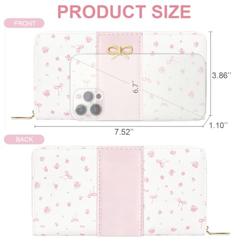 Floral Print Coquette Bow Long Wallet for Women (LONG-PINK) | Clutch Wallet, Phone Holder, Coin Pocket, 12 Card Slots - color: LONG-PINK
