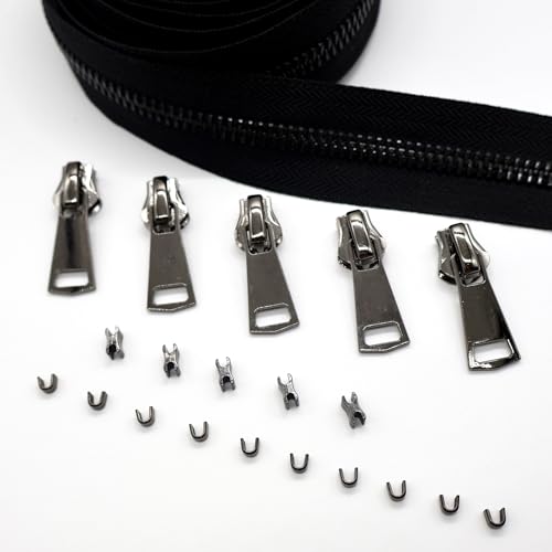#8 Heavy Duty Metal Zipper by the Yard 3 Yards with 5 Sliders 10 Top Stops and 5 Bottom Stops for Tents Backpacks Outdoor Gear Cushion Covers DIY Pouches and Home Decor(Black/Black Teeth) - color: Black/Black Teeth