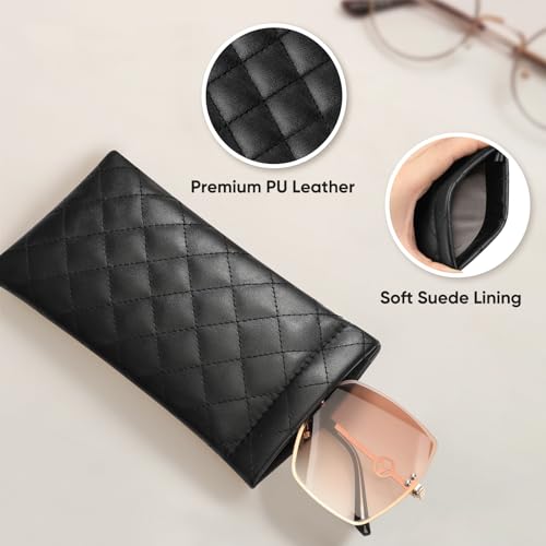 FINTIE Soft Eyeglasses Case with Cleaning Cloth, Squeeze Top Glasses Pouch | Sunglasses Eyewear Bag, Vegan Leather, For Reading /Prescription Glasses Storage, For Women Daily Carry - color: Black Lattice