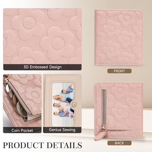 Small Wallet Women Slim RFID Leather Bifold Wallet Embossed Design | Compact design with ID window, card slots, and zipper coin pocket, ideal for daily travel, shopping, and gifts - color: 02-Pink