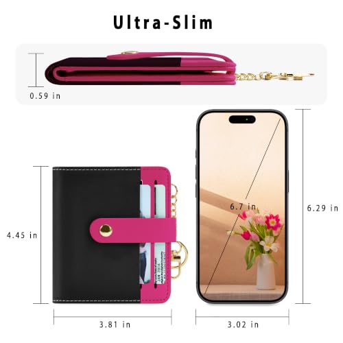 Airkit Small Wallet Women RFID, PU Leather Card Holder with Keychain - color: Black & Rose Red