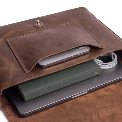 Hide & Drink, Messenger Bag with Shoulder Strap, 13-14 Inch Laptop Storage, Classic Portfolio, Travel Accessory, Full Grain Leather, Handmade, Bourbon Brown