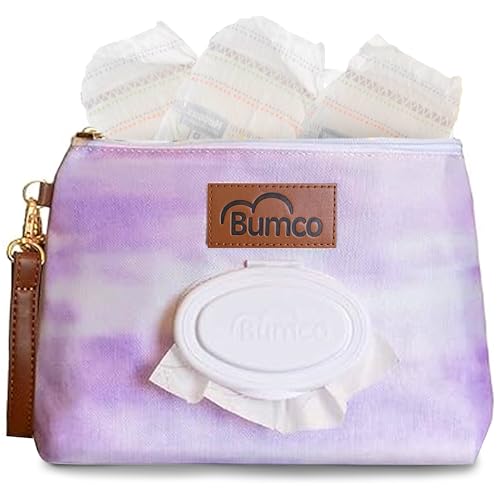 Bumco Portable Diaper Clutch Bag with Built-In Baby Wipes Dispenser | Airtight refillable wet wipes dispenser container. Portable travel wristlet pouch strap for quick cleanups on the go. - color: Purple Tie Dye