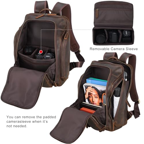 Masa Kawa Vintage Leather 16 Inch Laptop Travel Backpack Bag for Men, Brown | Luggage Strap, Bottle Holder, Multi Pockets, Computer Compartment, Camera Lens Sleeve, Overnight Weekend Trip Camping Daypack