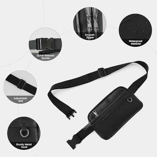 TAMTOMI Fanny Packs for Women Men Everywhere Belt Bag Vegan Leather Waist Packs with Adjustable Strap Crossbody Chest Bag Travel for Workout - color: Black