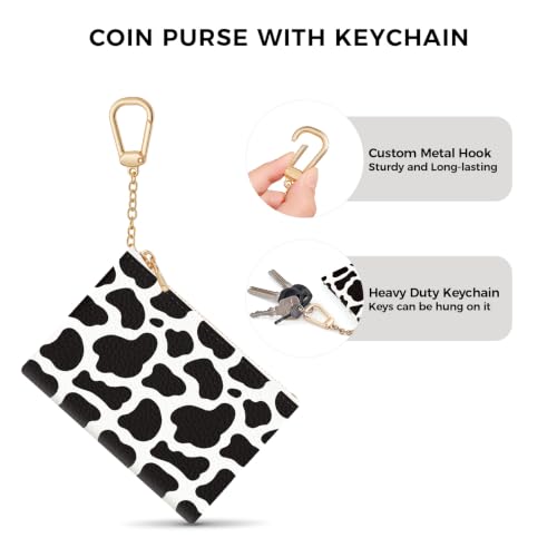 Cow Keychain Coin Purse for Women, Small Key Chain Change Pouch | Cute Zipper Purse, Little Tiny Zip Pocket, PU Leather, Travel Wallet for Girls, Coin Cash Holder, Metal Key Ring, Women Gifts - color: Cow