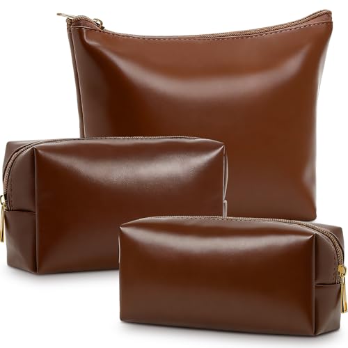 Kigeli 3 Piece Leather Makeup Bag Set Graduation Women Gifts PU Leather Makeup Toiletry Bag Bridesmaid Cosmetic Pouch Small Aesthetic Travel Purse for Wedding Birthday Women Gifts(Brown) - color: brown
