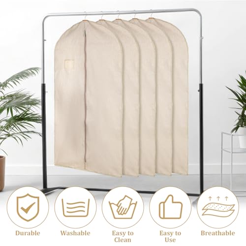 5 Packs Cotton Garment Bag for Hanging Clothes, 40" Breathable Hanging Suit Cover, Linen Garment Bags for Clothes Coats, Leather Jackets, Sweaters and Closet Storage - color: Tan