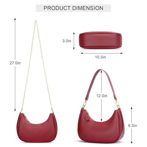 KKXIU Small Shoulder Bag for Women Mini Clutch Purses Cute Hobo Handbags | Classic Trendy Retro Underarm Crossbody Bag with Detachable Straps, Vegan Leather, Zipper Closure - color: Red