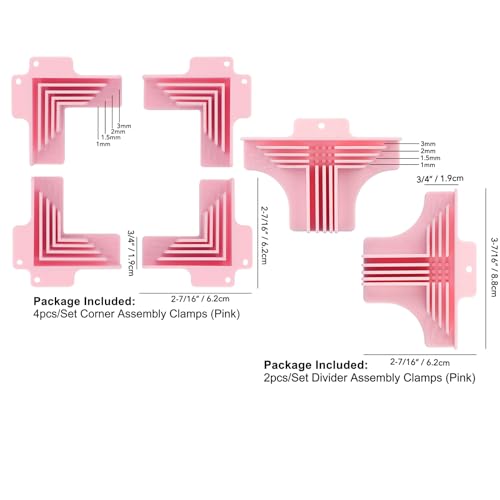 6Pack Corner/Divider Assembly,Clamps Corner Guides Cartonnage Corner Holding Tool (3 mm, 2 mm, 1.5 mm, 1 mm) Wide .for Book Covers, Chipboard Boxes, Dioramas - color: Pink