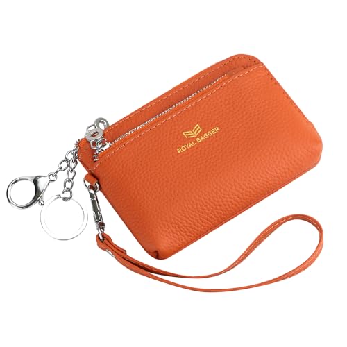 Royal Bagger Women's Genuine Leather RFID Coin Purse for Women, Multi-Zipper Clutch Wallet with Keychain & Wristlet 1903 (Orange) - color: Orange