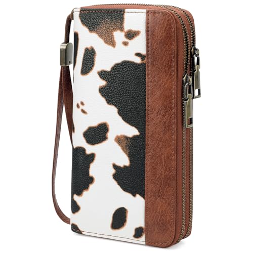 GOIACII Women's Wallet RFID Blocking Leather Wristlet | 2 Zip Around, Large Capacity, Credit Card Holder, Ladies Phone Clutch Purse - color: A17 Cow Print Brown
