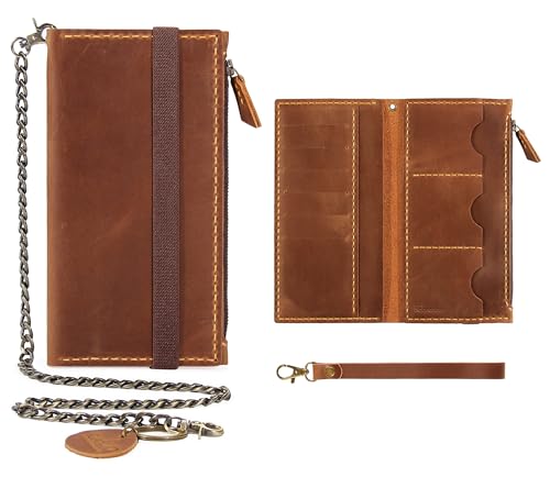 Robrasim Leather Wallet for Men and Women, Handmade Detachable Chain Wristlet Long Bifold Clutch with Large Capacity Zipper Coin Pocket (Brown, 7.87"x4.17") - color: Brown