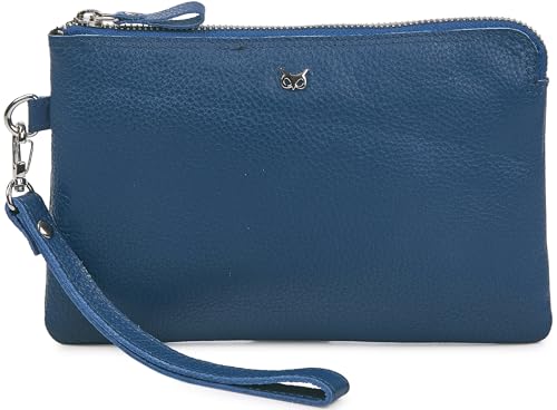 Leather Wristlet Wallet for Women Clutch Handbag Purse with Cell Phone Slot | Genuine Top Grain Leather, 8 Credit Card Slots, Detachable Strap, YKK Zipper, Gifts for Women - color: Sapphire Blue Nappa