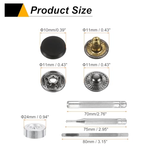 HARFINGTON 24Set Leather Snaps Fasteners Kit 10mm Dia Brass Press-Stud Cap Button 2.76" Length Metal Snap Buttons with 4 Install Tools for Coat Bag Leather Marine Boat Canvas, Matte Black - color: Matte Black