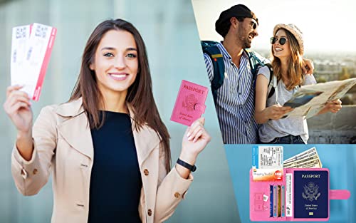 Passport Holder Cover Wallet RFID Blocking, Travel Essentials - color: Pink