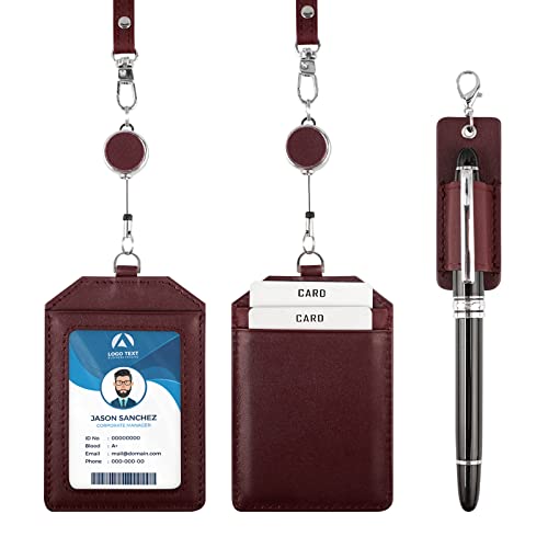 Office Badge Holder - Boshiho Genuine Leather Credit ID Card Holder with Stretch Neck Lanyard Vertical Style (Wine) - color: Wine