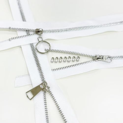 #5 Heavy Duty Metal Zipper 5 Pieces 1 Yard Long Each(White/Silver Teeth) - color: White/Silver Teeth