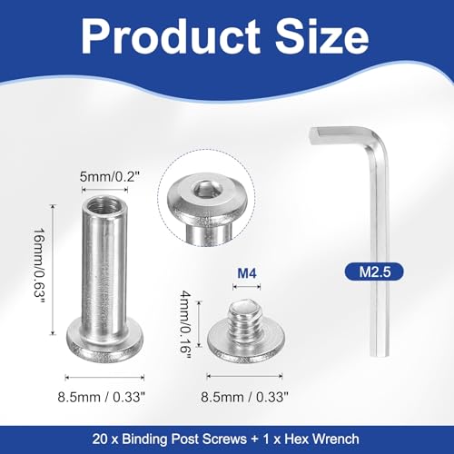 PATIKIL M4x4mm Hex Chicago Screws 5x16mm, 20Pcs 304 Stainless Steel Metric Hex Drive Socket Cap Binding Post Screw Posts for Scrapbook Leather Belt Album Furniture Repair, Silver - size: M4x4mm, 5x16mm