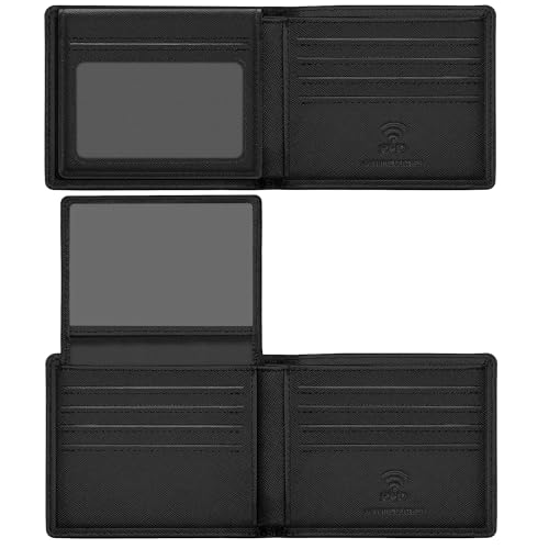 Travelambo Genuine Leather Wallet for Men with Gift Box - Handmade Bifold Stylish - Mens Wallets Rfid Blocking with 2 ID Windows - color: Cross Texture Black