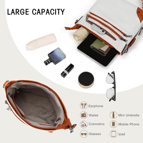 TANTOMI Crossbody Bag for Women PU Leather Travel Purse | Trendy Women's Shoulder Handbags, Comfort Adjustable Wide Strap, Water-Resistant, Multi Pockets for Daily Use & Travel - color: White/Light Brown