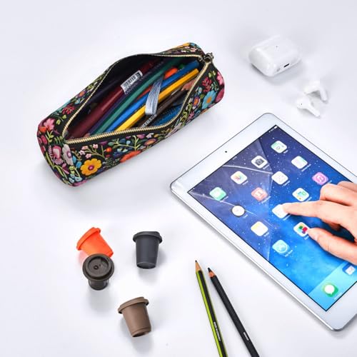 OSAM SPACE Leather Pencil Case Round Pencil Bag Embroidered Flowers Pen Organizer Holder Portable Zipper Pouch Cute School Supplies for Girls Boys Study Office - color: Embroidered Flowers