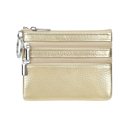 Women Genuine Leather Coin Purse Small Keychain Change Wallet - color: Gold