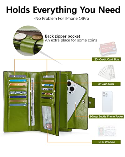 BOSTANTEN Womens Leather Wallet RFID Large Capacity Credit Card Holder | 20 Card Slots, Phone Holder, Zipper Coin Pocket, Clutch Wallet, Long Bifold, Ladies Gifts, Green - color: D-Green
