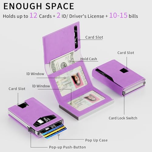 RFID Wallet Women: Stylish Security Metal Wallet for 10-12 Cards & 2 ID Windows - Smart Pop-Up Credit Card Holder & Cash Slot in Compact Trifold Design,Gift for Her(Purple) - color: Purple