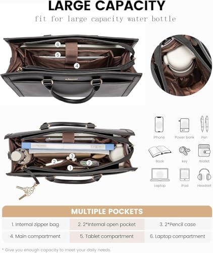 LOVEVOOK Laptop Tote Bag for Women, Large Work Computer Bag with Cup Holder - color: Leather/Black, size: 17.3 Inch