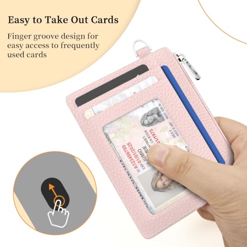 Hancynir Minimalist Slim Wallet Women Credit Card Holder, RFID Small Cute | Zipper Pocket Wallet, Thin Travel Coin Purse, Ladies Women Gifts, Key Chain Card Case, 6 Card Slots, ID Window, PU Leather - color: 01-Lichee PNK