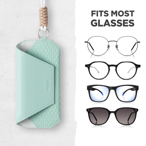 VULKIT Portable Leather Eye Glasses Case for Women & Men, Slim Sunglass Case, Unisex Eyeglass Case - color: Mint Green With Lanyard